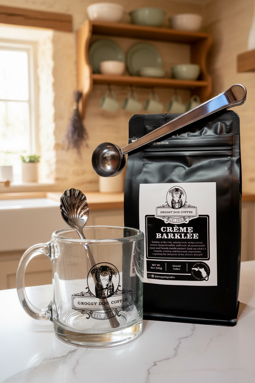A bundle of coffee products including a bag labeled 'Crème Barklée Medium Roast', a clear coffee mug, a silver coffee scoop, and a silver sugar spoon with a vintage design.